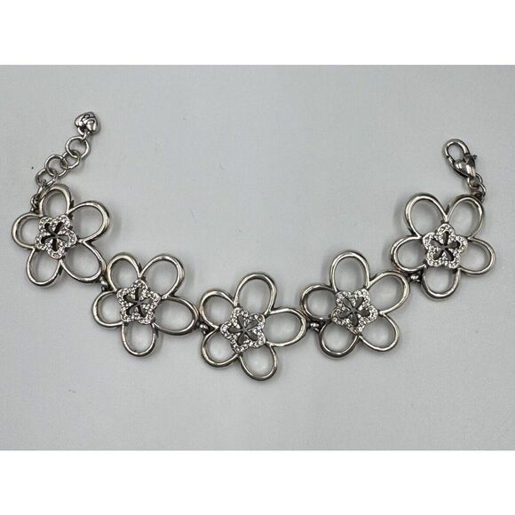 Brighton Silver Tone Daisy Flower Link Rhinestone Floral Bracelet Necklace set - Picture 7 of 16